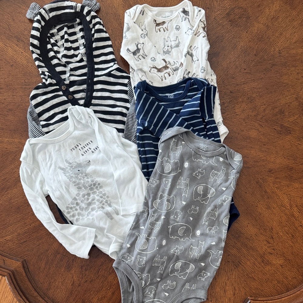 Baby Boys' Striped Hooded One-Piece & Animal Print Bodysuits - Navy, Gray, White